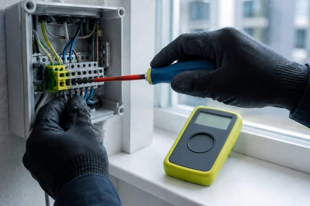 Elektriker drar åt en plint med isolerad skruvmejsel, multimeter på fönsterbrädan