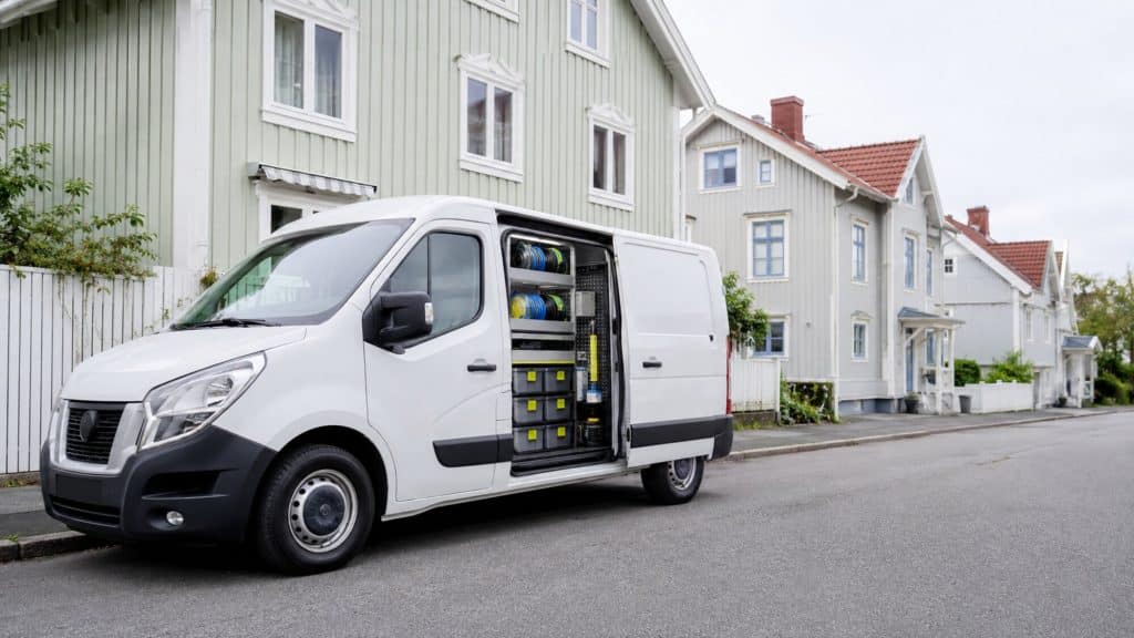 Servicebil med öppen sidodörr och sorterade kabelrullar